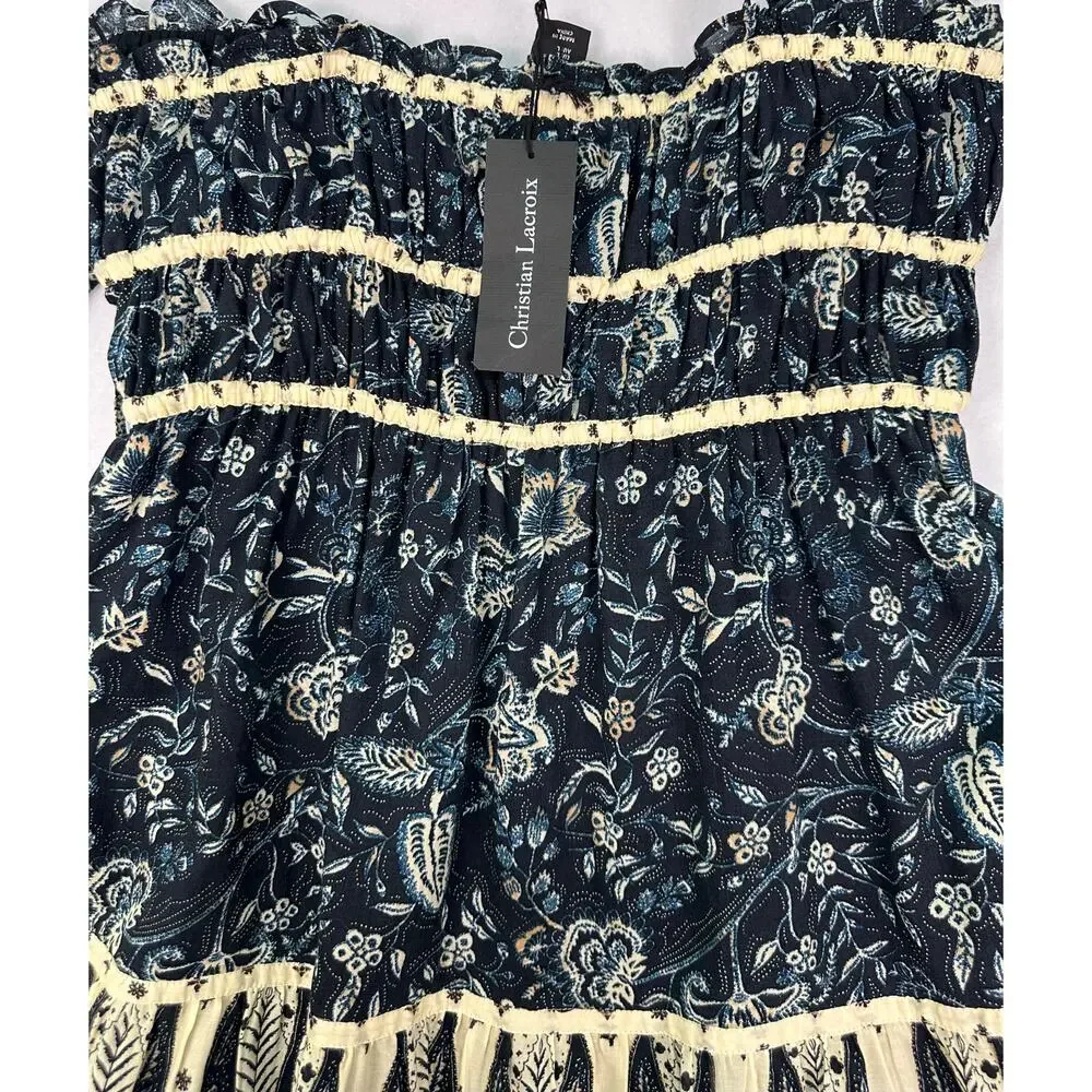 NWT Christian Lacroix Floral Midi Dress Dark Blue Cream Adjustable Straps Size L - Picture 5 of 12
